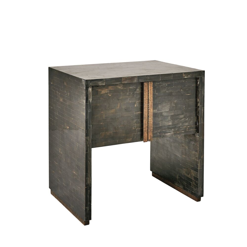 Horn Inlay Bedside Table-Black/Antique Brass