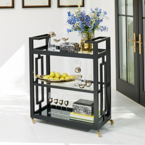 Grid Block Bar Car-Black Lacquer w/Brass Casters