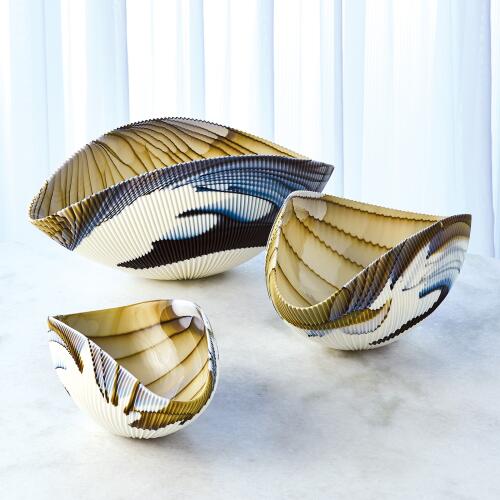 Pleated Bowl-Amber/Blue Filigree