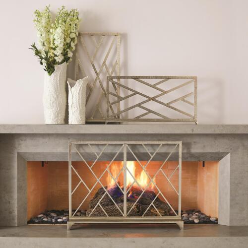 Chinoise Fret Fireplace Screen-Nickel