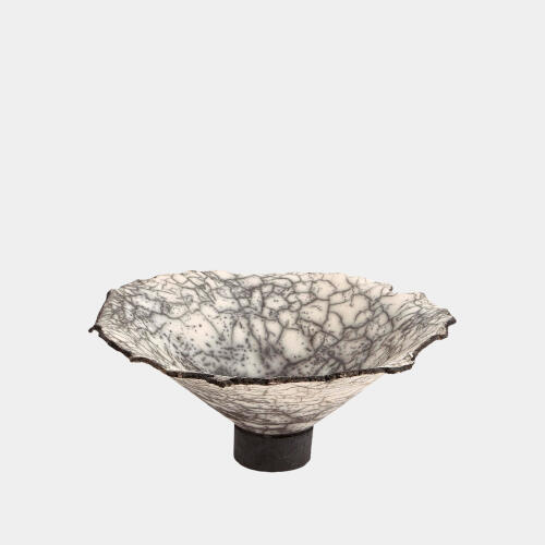 Crackled Footed Bowl-Black Raku