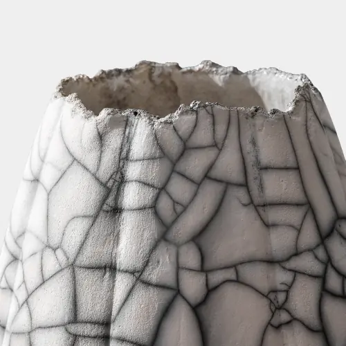 Crackled Footed Vase-Black Raku