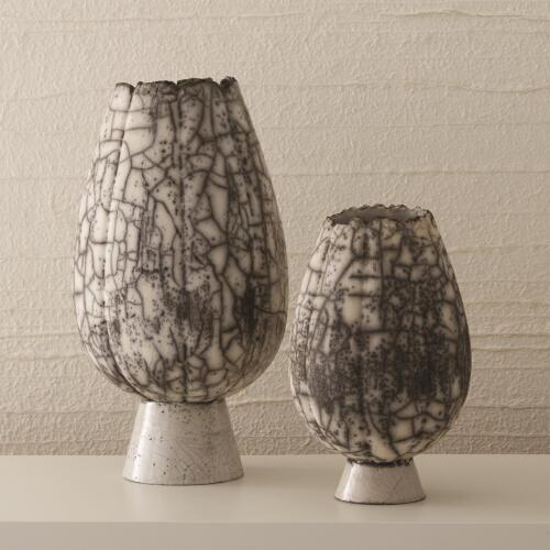Crackled Footed Vase-Black Raku