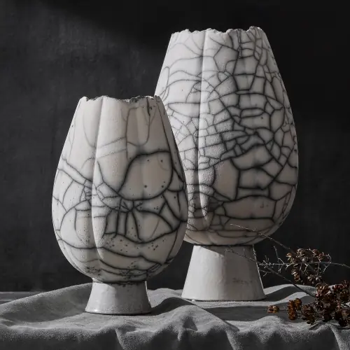 Crackled Footed Vase-Black Raku