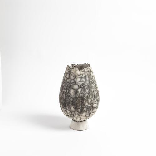 Crackled Footed Vase-Black Raku