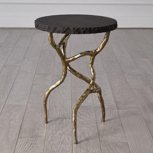 Root Table-Faux Brass w/Black Marble