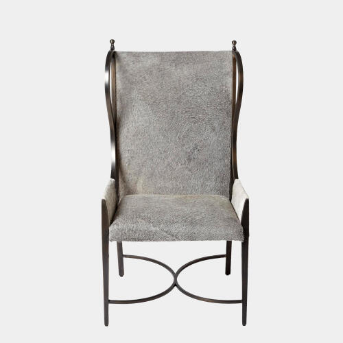 iron wing chair w/gray hair-on-hide