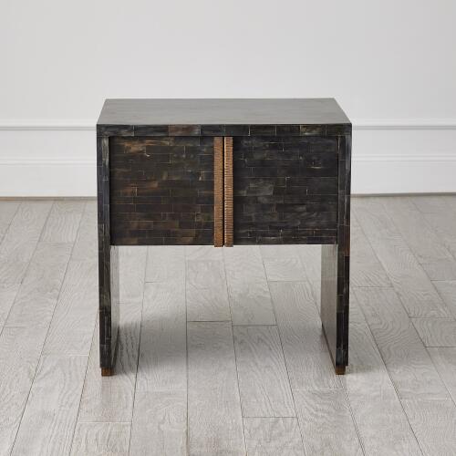 Horn Inlay Bedside Table-Black/Antique Brass