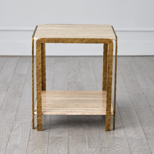 Kraft Side Table-Light Bronze w/Travertine