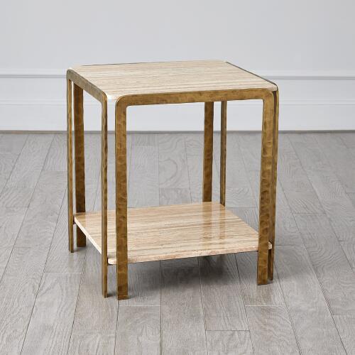 Kraft Side Table-Light Bronze w/Travertine