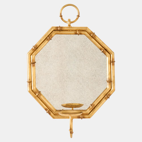 Octagonal Bamboo Mirror w/Candleholder-Gold