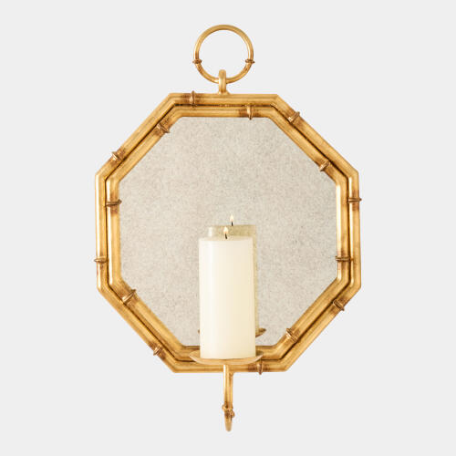 octagonal bamboo mirror w/candleholder-gold