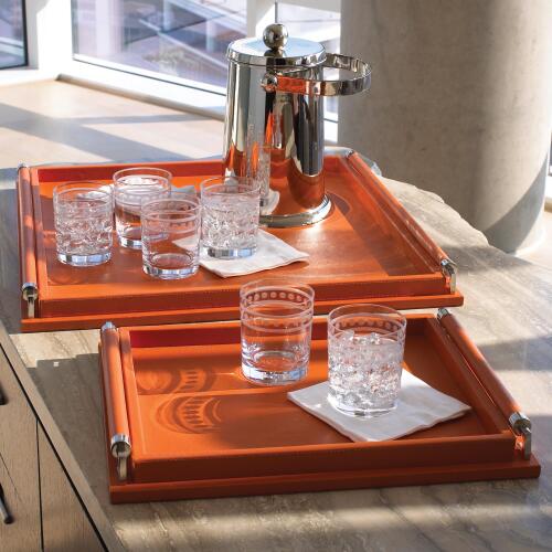 Wrapped Handle Tray-Coral Leather