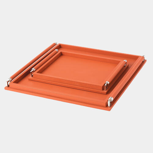 Sheathed Leather Handle Tray-Coral