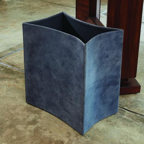 Folded Leather Wastebasket-Blue Wash