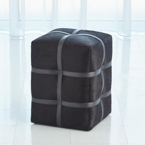 Belted Pouf-Black Hair-on-Hide Leather