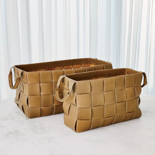 Soft Woven Leather Basket-Putty