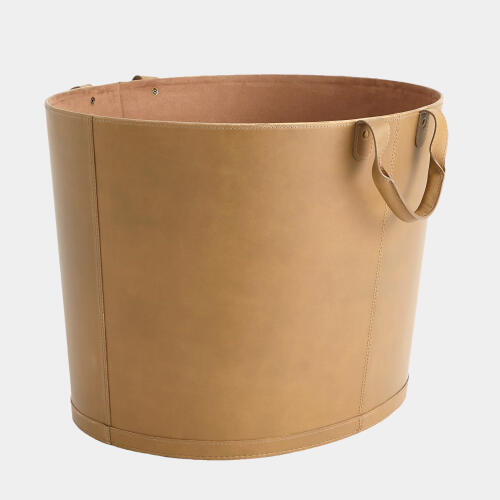 Selita Oversized Oval Leather Basket-Putty