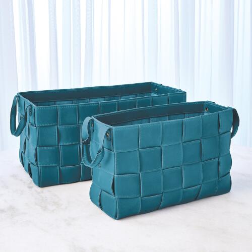 Soft Woven Leather Basket-Azure