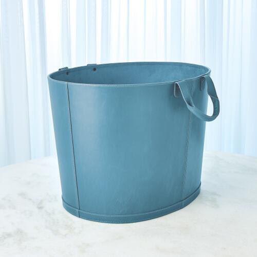 Oversized Oval Leather Basket-Azure