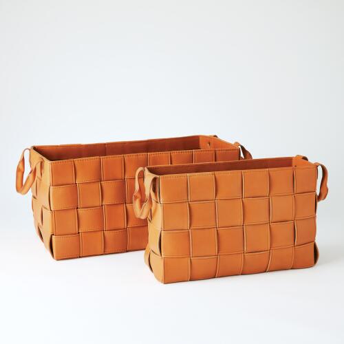 Soft Woven Leather Basket-Orange