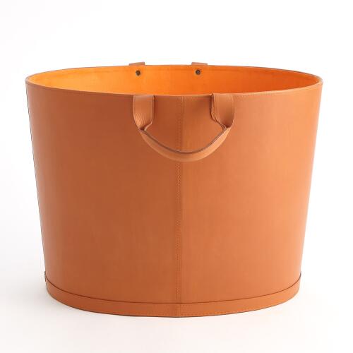 oversized oval leather basket-orange