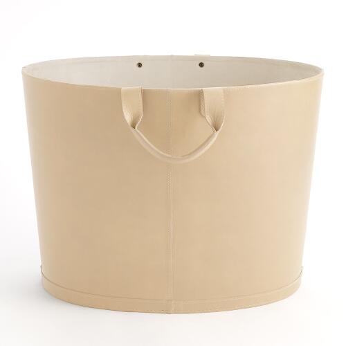 Oversized Oval Leather Basket-Beige