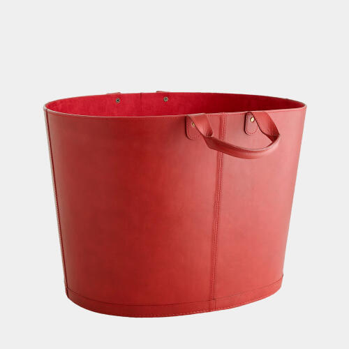 Selita Oversized Oval Leather Basket-Deep Red