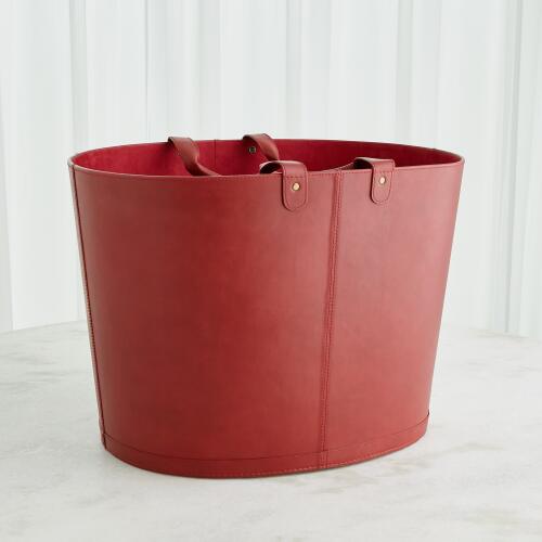 Oversized Oval Leather Basket-Deep Red