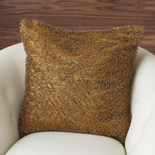 Golden Beaded Shag Pillow