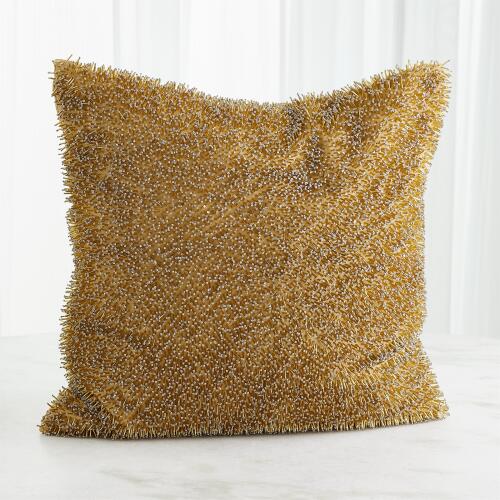 Golden Beaded Shag Pillow