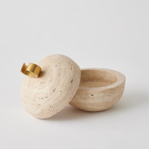 Caillou Lidded Pot-Travertine-Sm