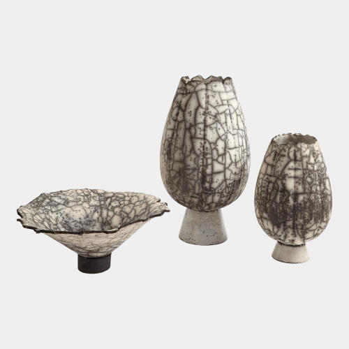 Crackled Footed Vase-Black Raku