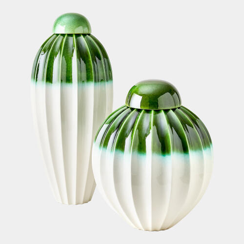 Audra Fluted Jar w/Lid-Emerald-Wide