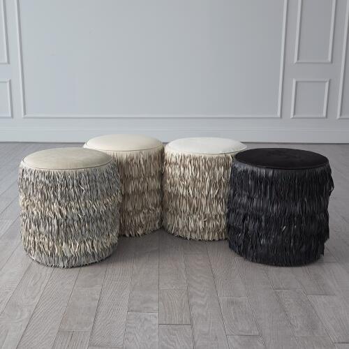 Thelma Fringe Ottoman-Light Gray Marble Leather