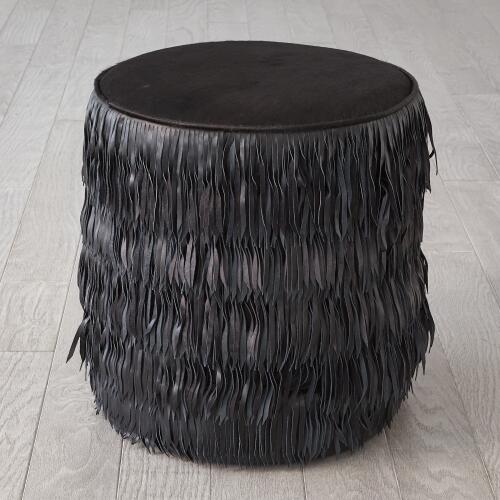 Fringe Ottoman-Black Hair-on-Hide